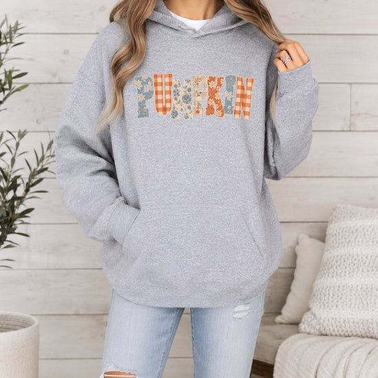 Gray Pumpkin Patch fall hoodie for women and teen girls, lifestyle view