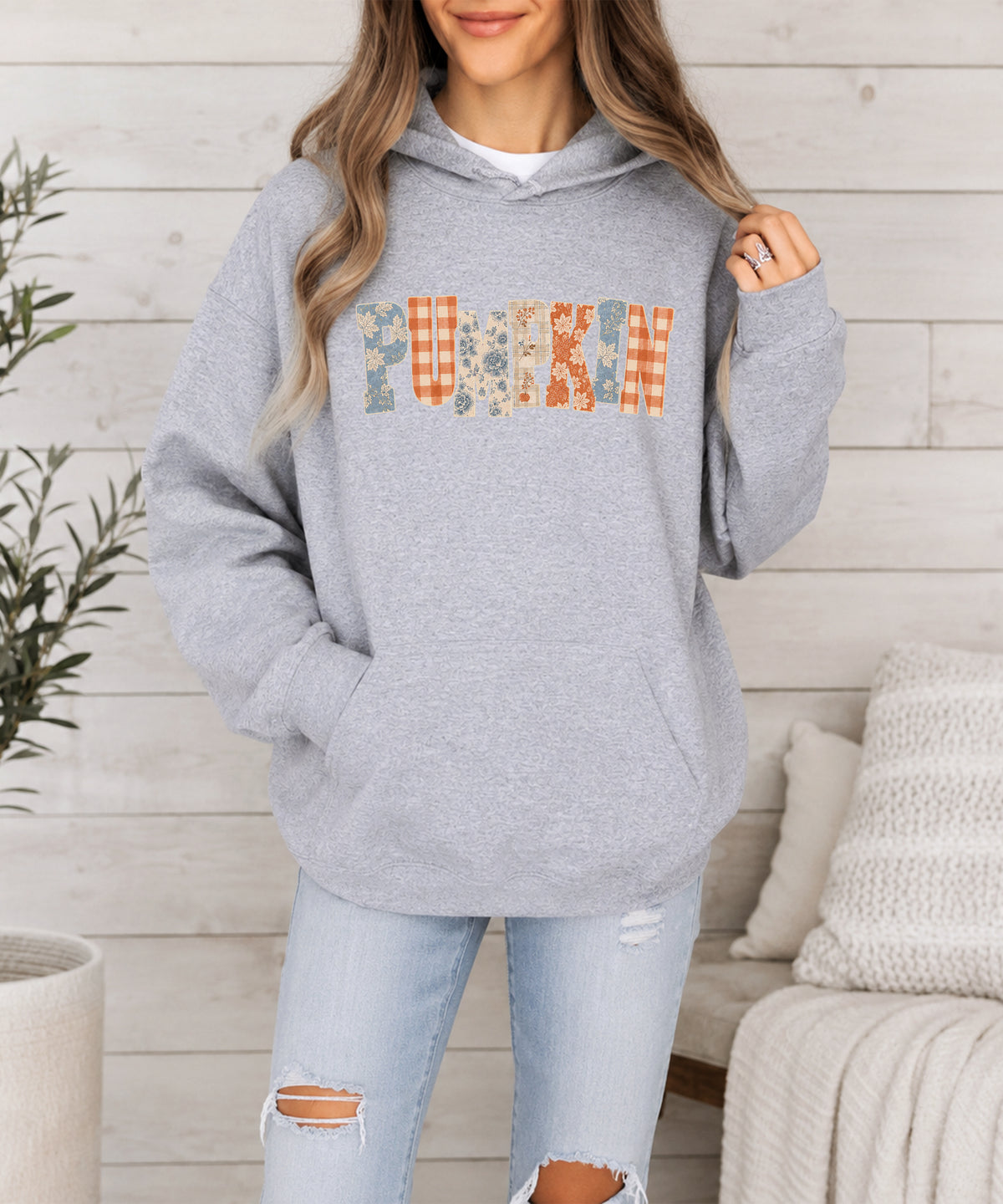 Gray Pumpkin Patch fall hoodie for women and teen girls, lifestyle view
