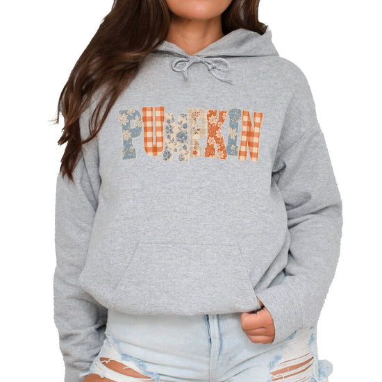 Gray Pumpkin Patch fall hoodie for women and teen girls, styled flat lay
