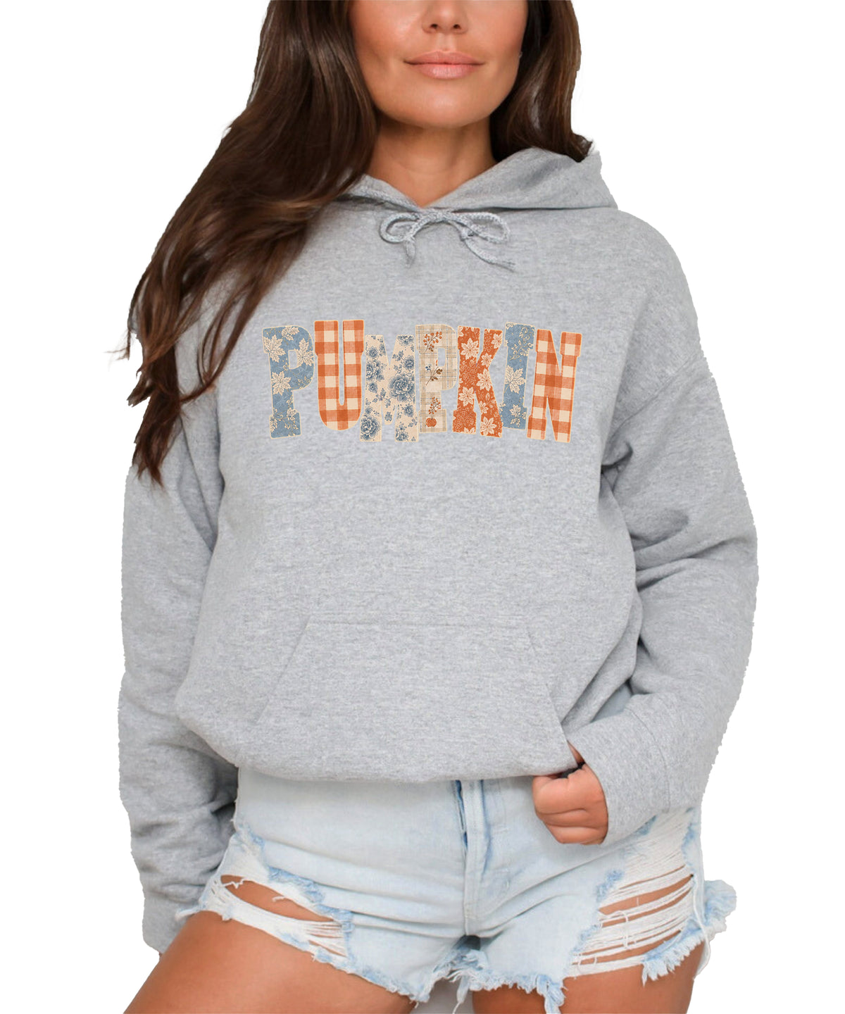 Gray Pumpkin Patch fall hoodie for women and teen girls, styled flat lay