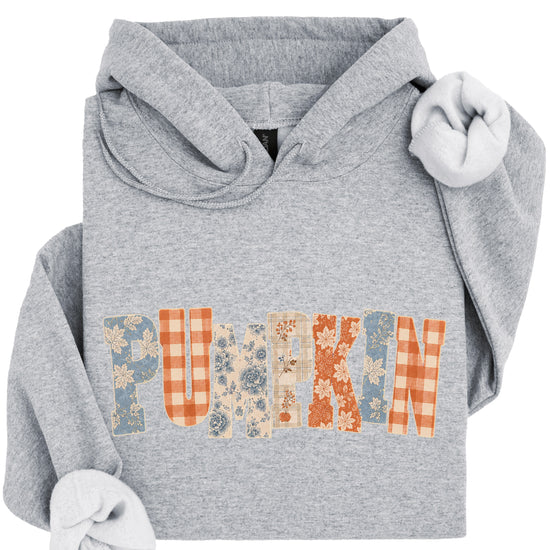Gray Pumpkin Patch fall hoodie for women and teen girls, detail view