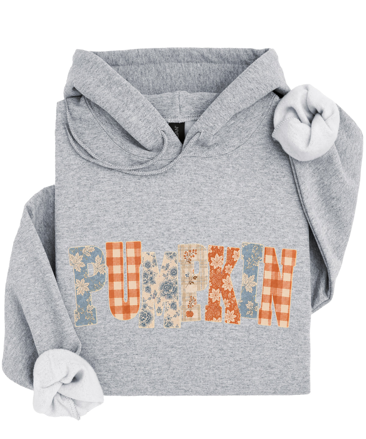 Gray Pumpkin Patch fall hoodie for women and teen girls, detail view