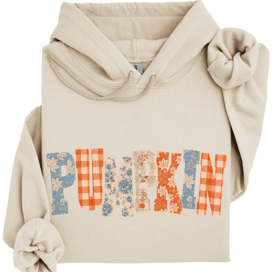 Sand Pumpkin Patch fall hoodie for women and teen girls, lettering close-up