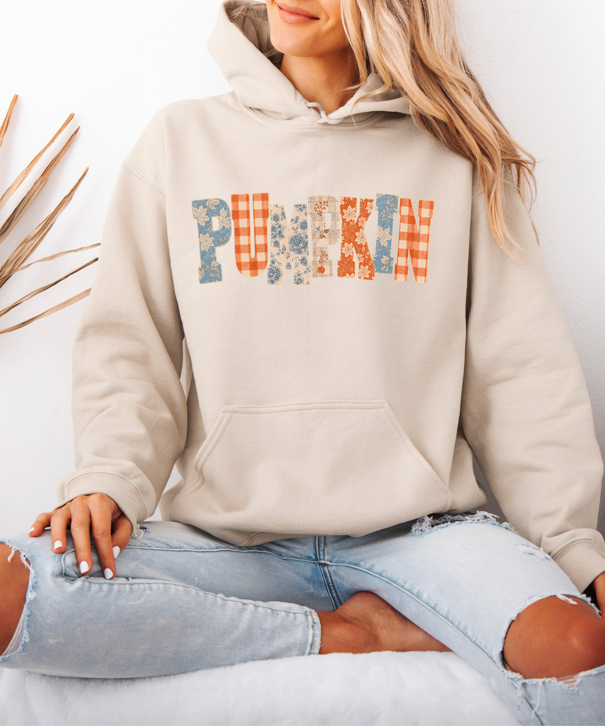 Sand Pumpkin Patch fall hoodie for women and teen girls, lifestyle view