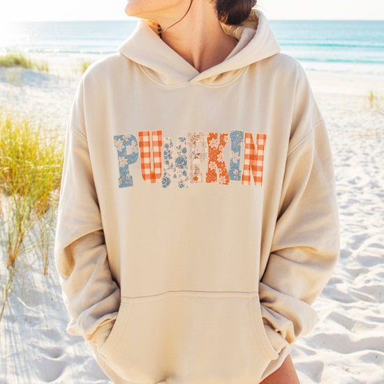 Sand Pumpkin Patch fall hoodie for women and teen girls, styled flat lay