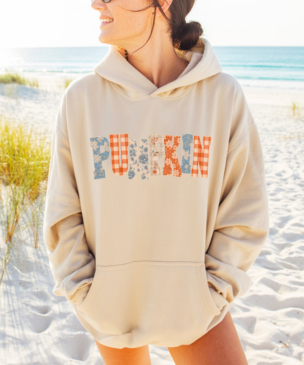 Sand Pumpkin Patch fall hoodie for women and teen girls, styled flat lay