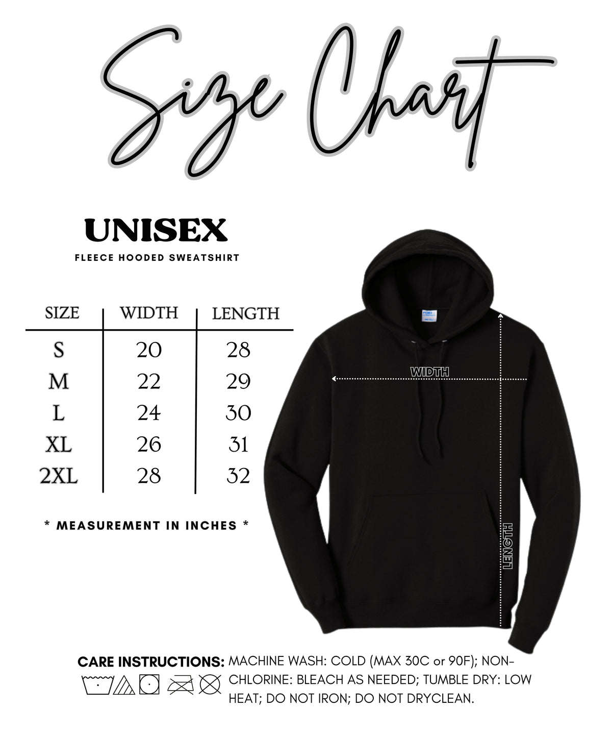 Womens hoodie size chart, sizes Small to X-Large