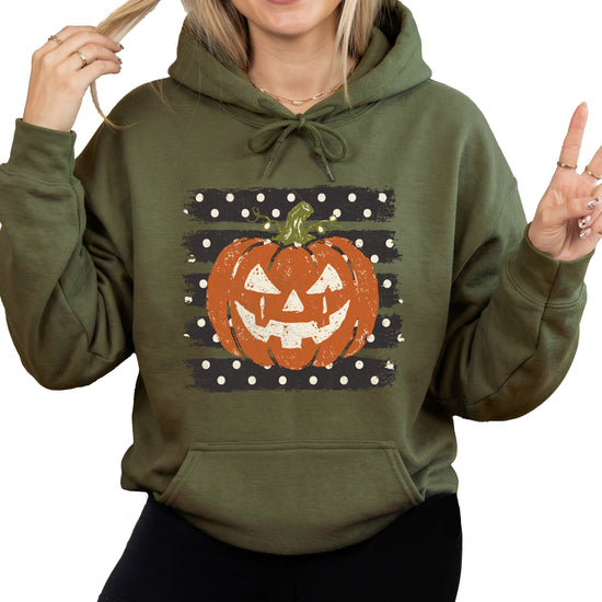 Army Green hoodie with retro polka dot jack o lantern pumpkin graphic, front view