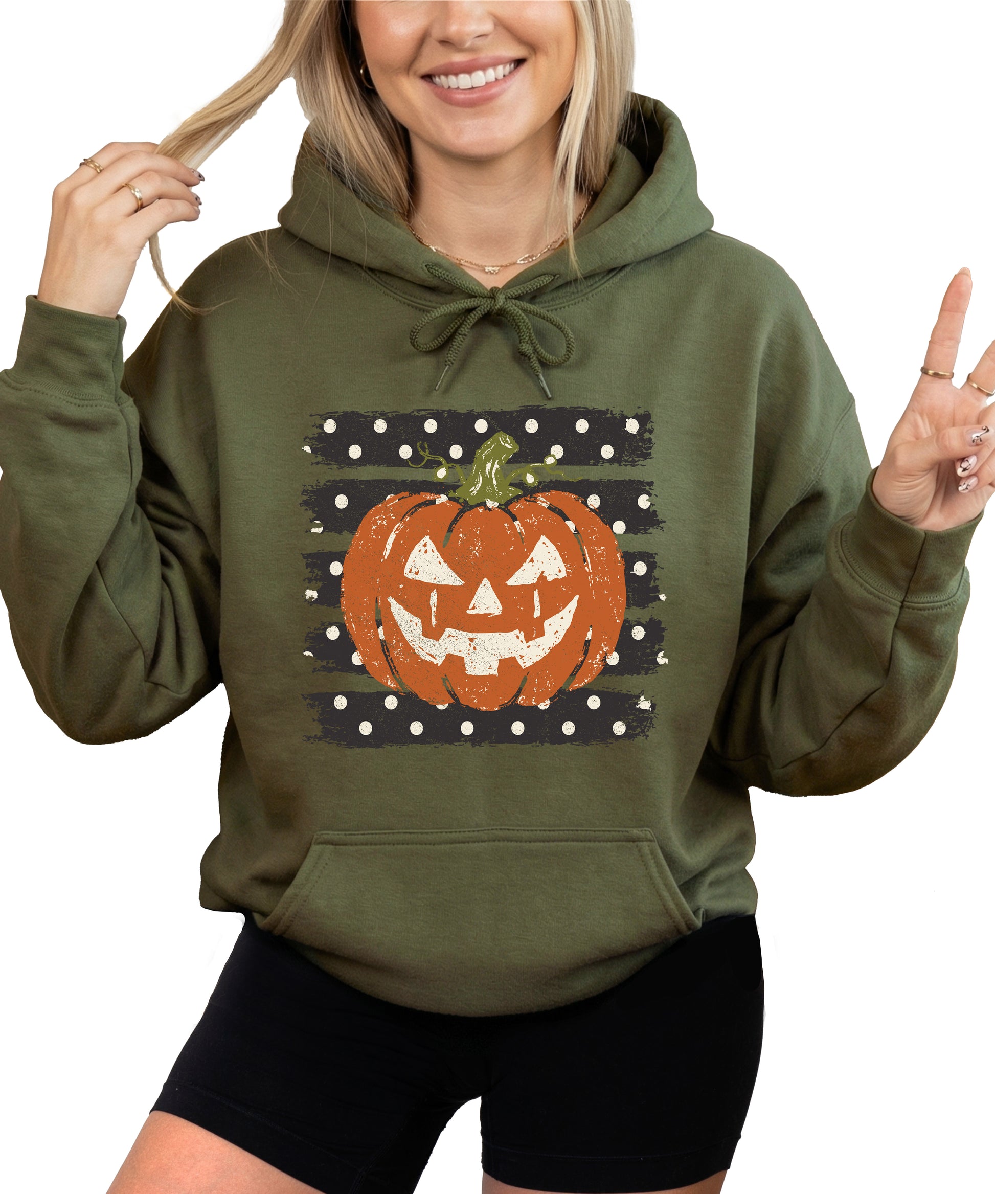 Army Green hoodie with retro polka dot jack o lantern pumpkin graphic, front view