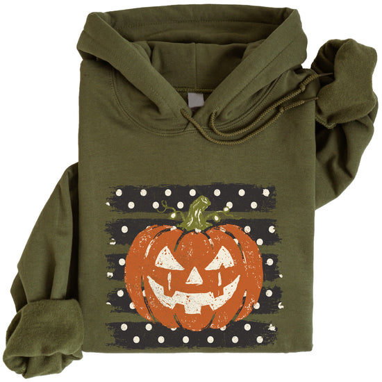 Army Green hoodie with retro polka dot jack o lantern pumpkin graphic, close-up of the graphic