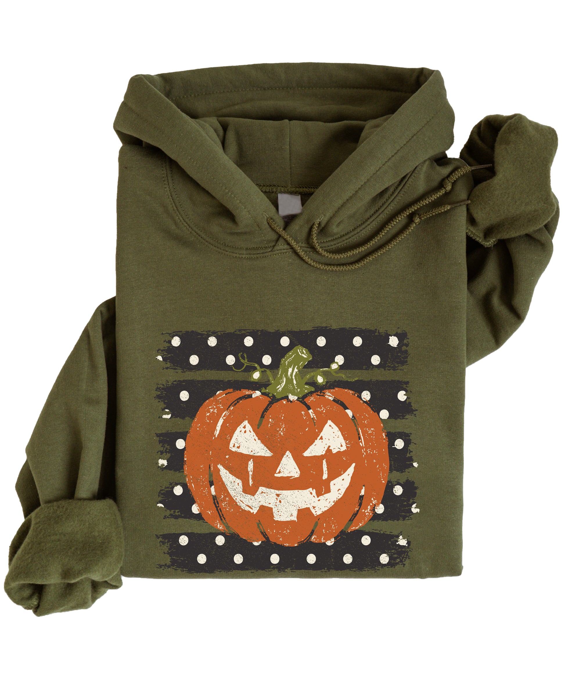 Army Green hoodie with retro polka dot jack o lantern pumpkin graphic, close-up of the graphic
