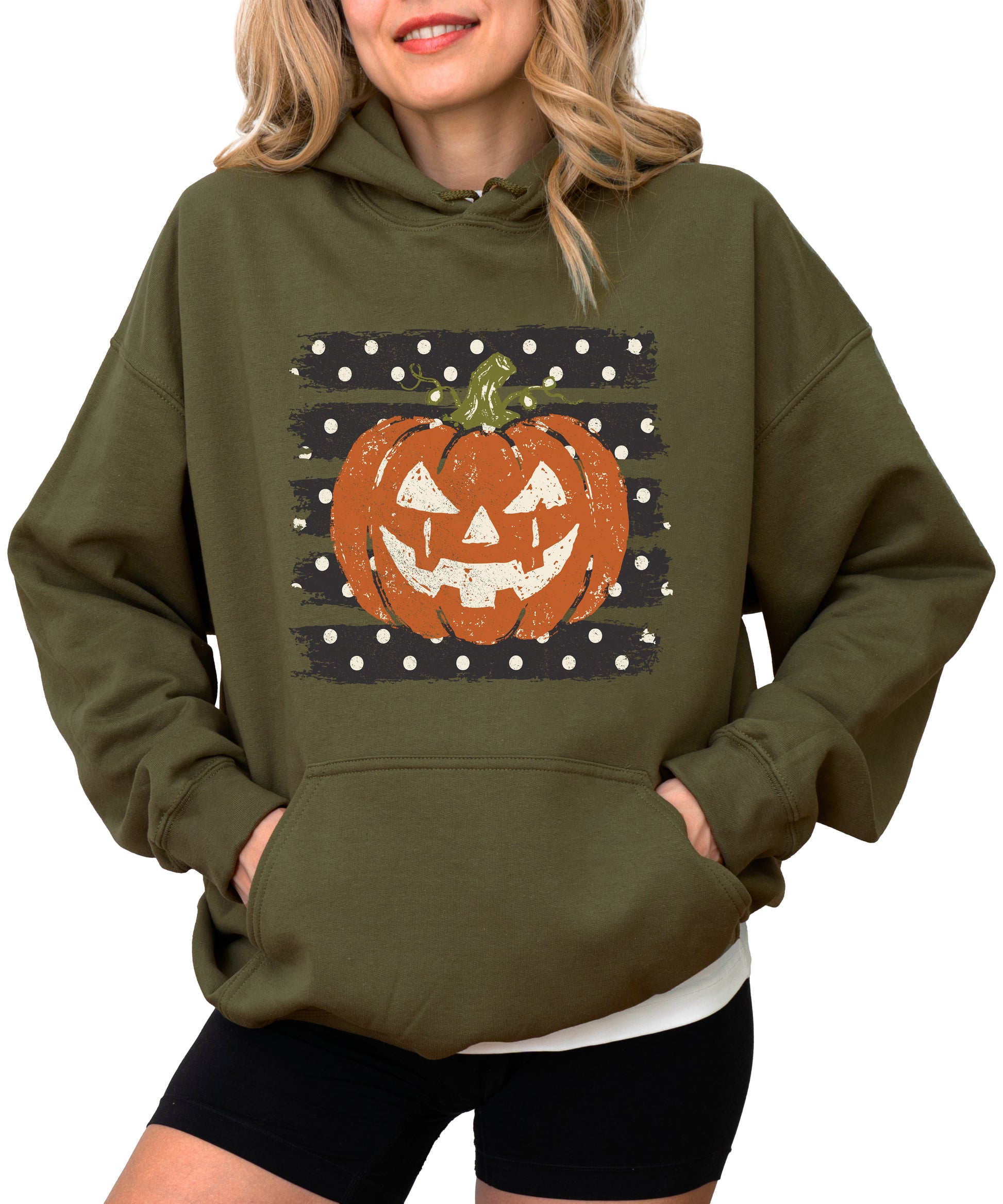 Army Green hoodie with retro polka dot jack o lantern pumpkin graphic, styled flat lay
