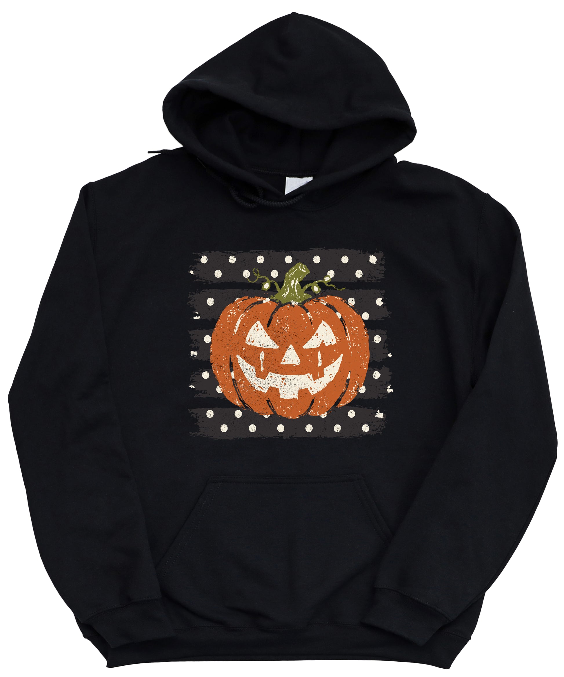 Black hoodie with retro polka dot jack o lantern pumpkin graphic, close-up of the graphic