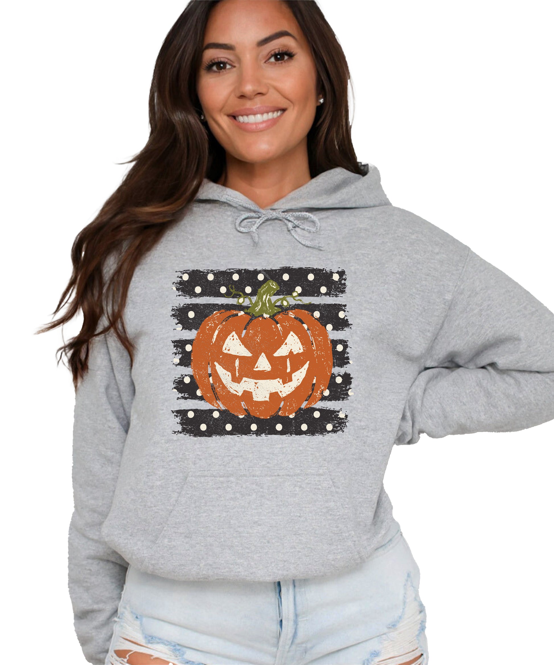 Gray hoodie with retro polka dot jack o lantern pumpkin graphic, front view