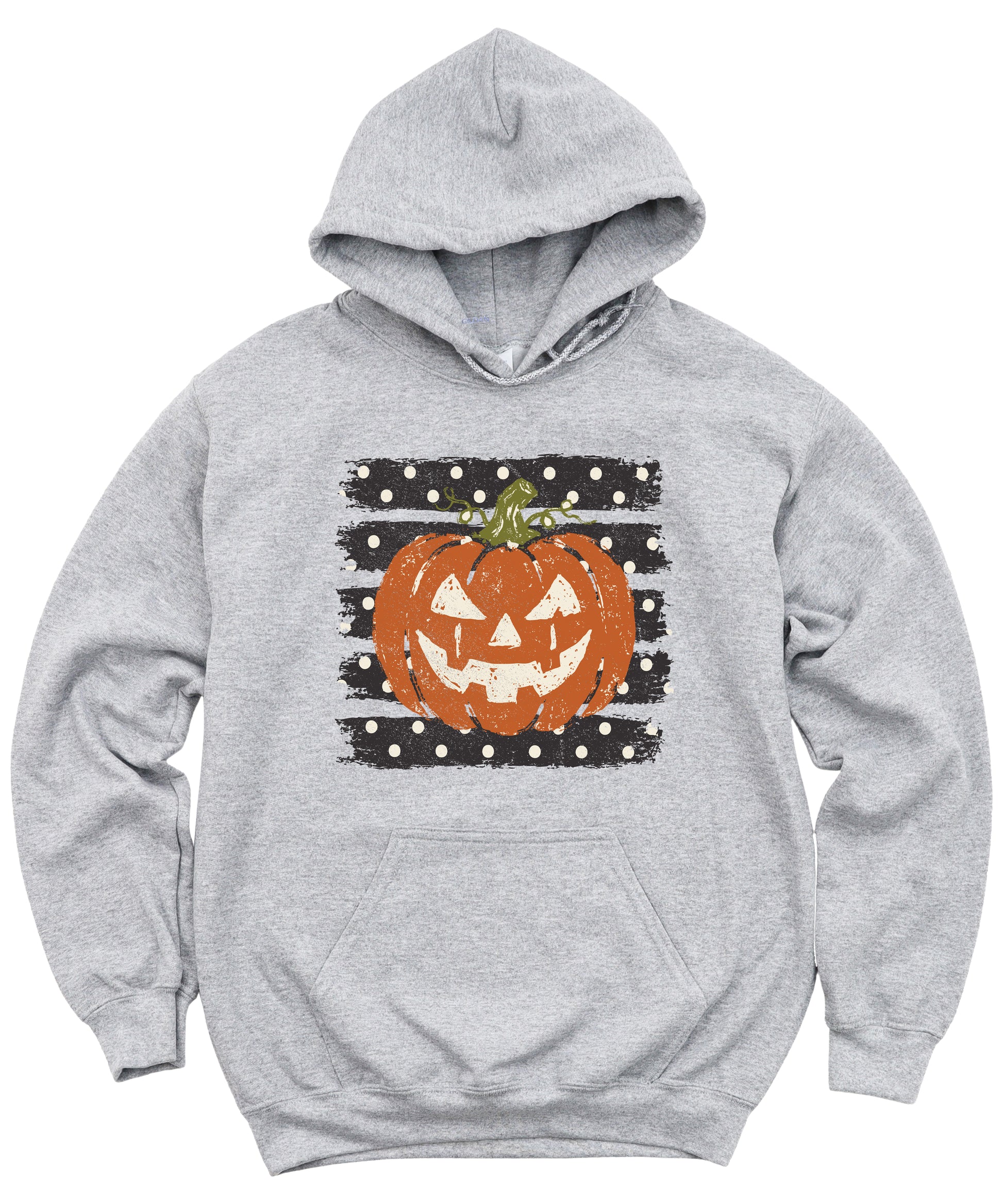 Gray hoodie with retro polka dot jack o lantern pumpkin graphic, close-up of the graphic