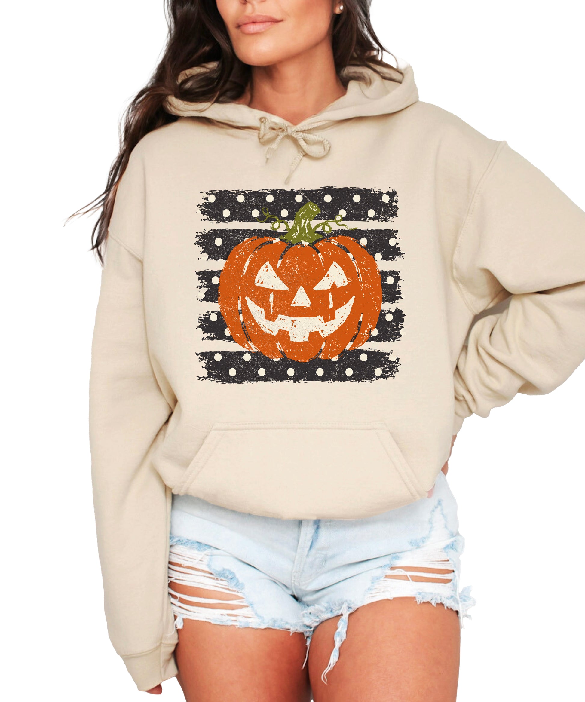 Sand hoodie with retro polka dot jack o lantern pumpkin graphic, front view