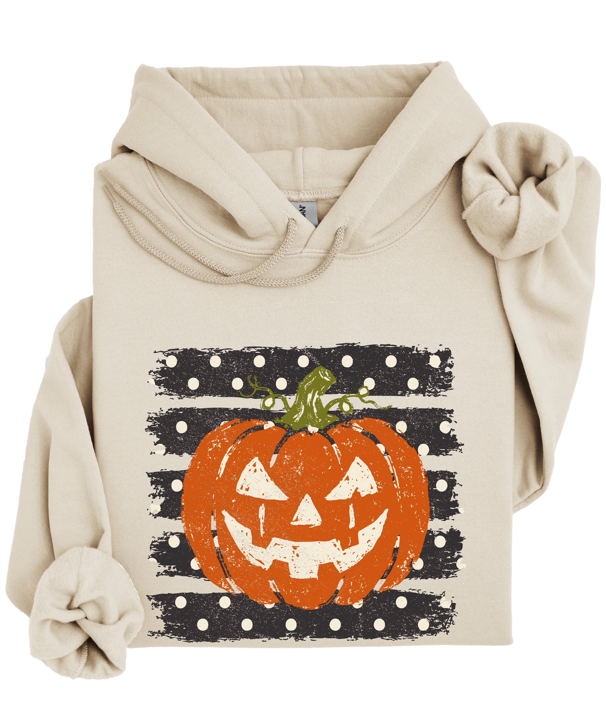 Sand hoodie with retro polka dot jack o lantern pumpkin graphic, close-up of the graphic
