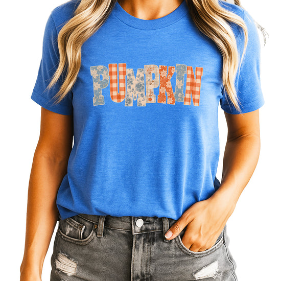 Pumpkin patch fall graphic tee for women and teen girls in Heather Blue, front view