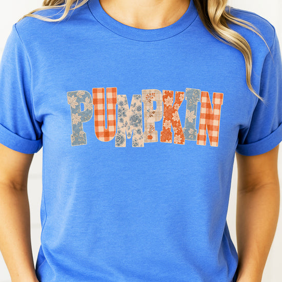 Pumpkin patch fall graphic tee for women and teen girls in Heather Blue, graphic design detail