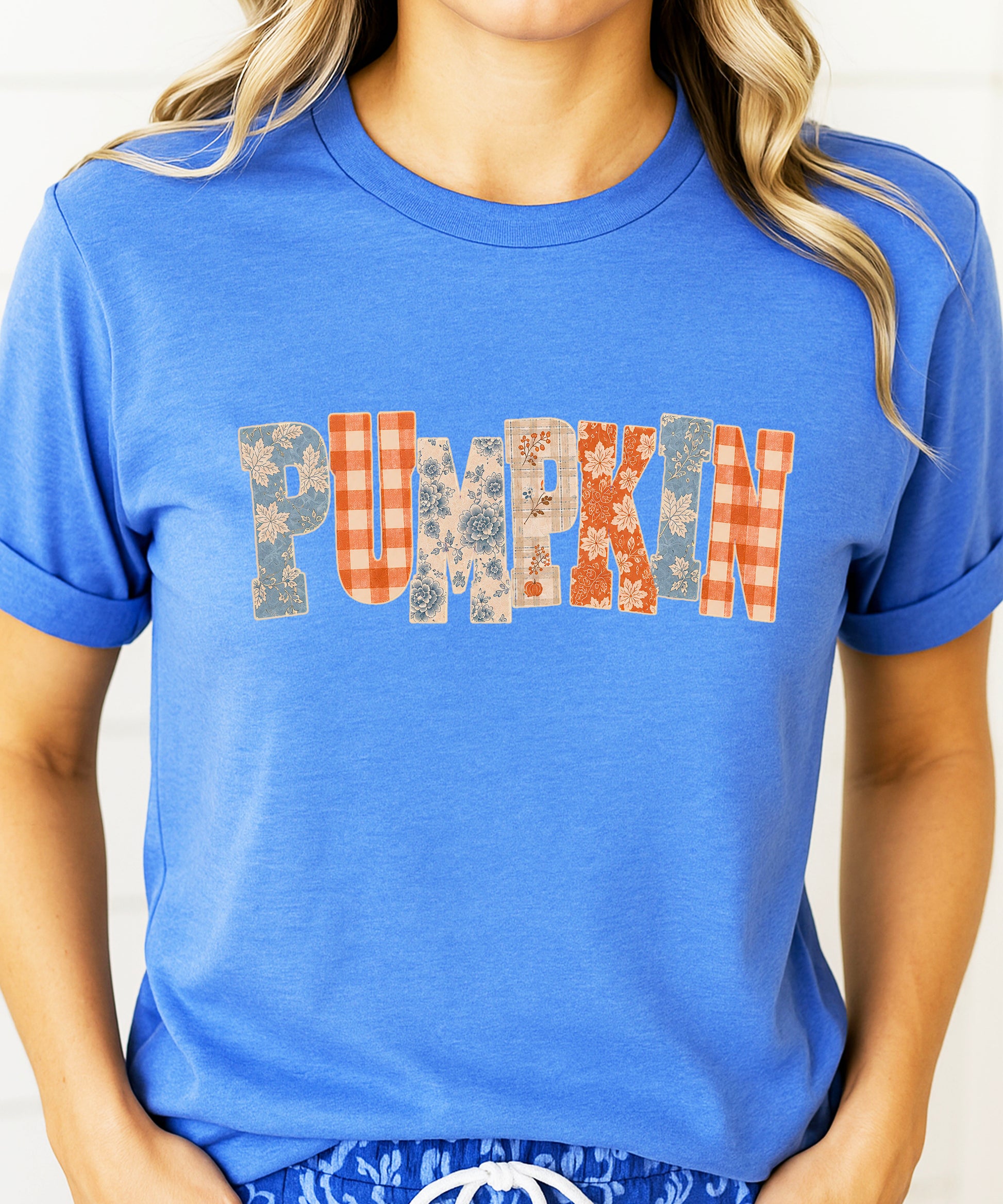 Pumpkin patch fall graphic tee for women and teen girls in Heather Blue, graphic design detail