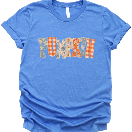 Pumpkin patch fall graphic tee for women and teen girls in Heather Blue, styled flat lay