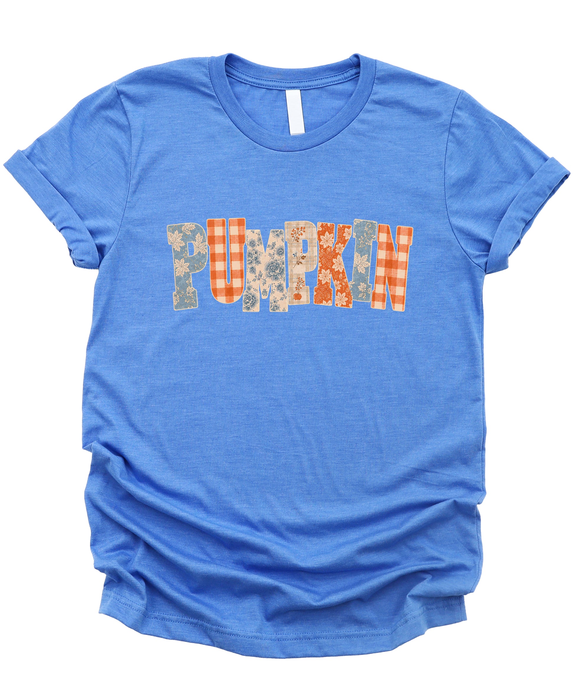 Pumpkin patch fall graphic tee for women and teen girls in Heather Blue, styled flat lay
