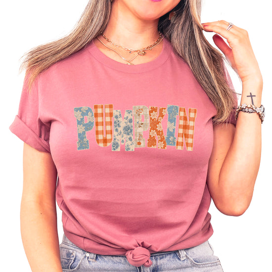 Pumpkin patch fall graphic tee for women and teen girls in Mauve, front view