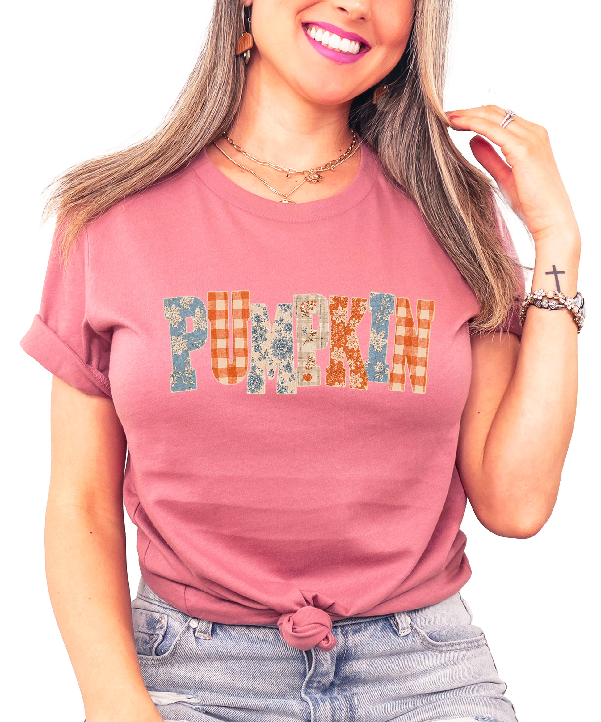 Pumpkin patch fall graphic tee for women and teen girls in Mauve, front view