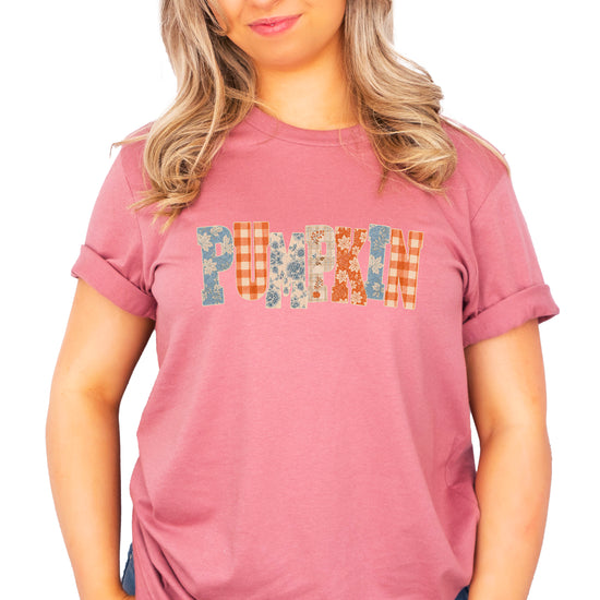 Pumpkin patch fall graphic tee for women and teen girls in Mauve, graphic design detail