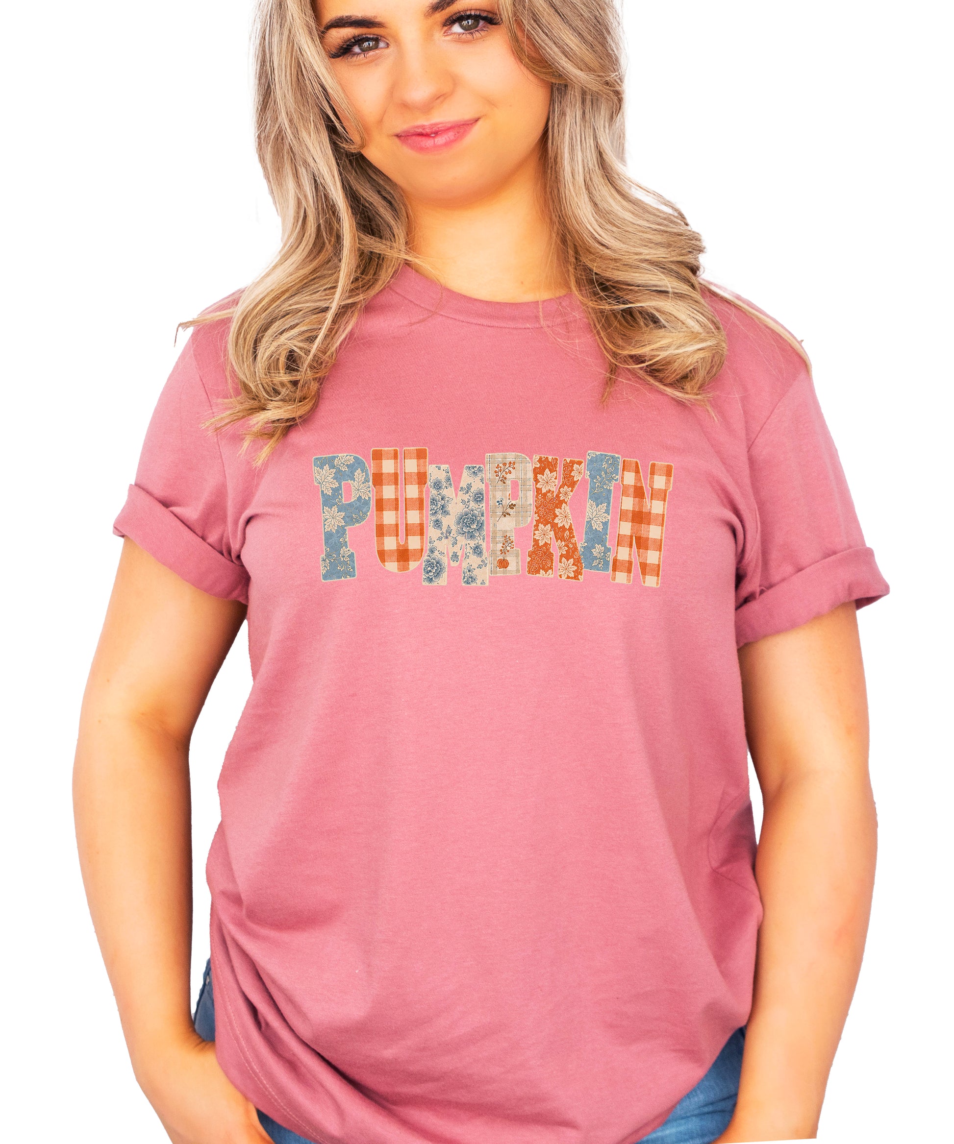 Pumpkin patch fall graphic tee for women and teen girls in Mauve, graphic design detail
