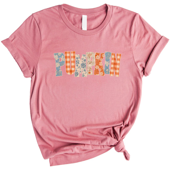 Pumpkin patch fall graphic tee for women and teen girls in Mauve, styled flat lay