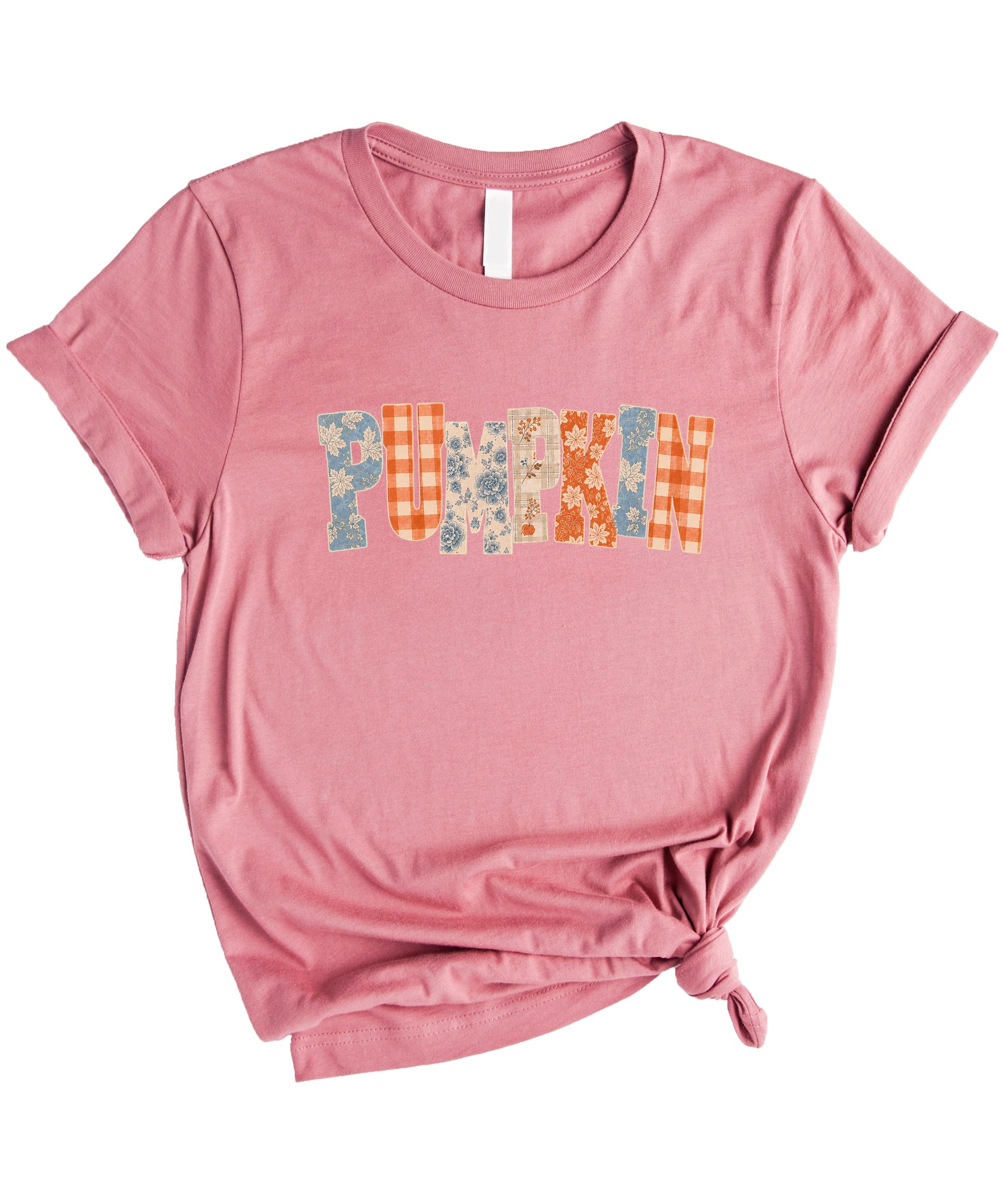 Pumpkin patch fall graphic tee for women and teen girls in Mauve, styled flat lay