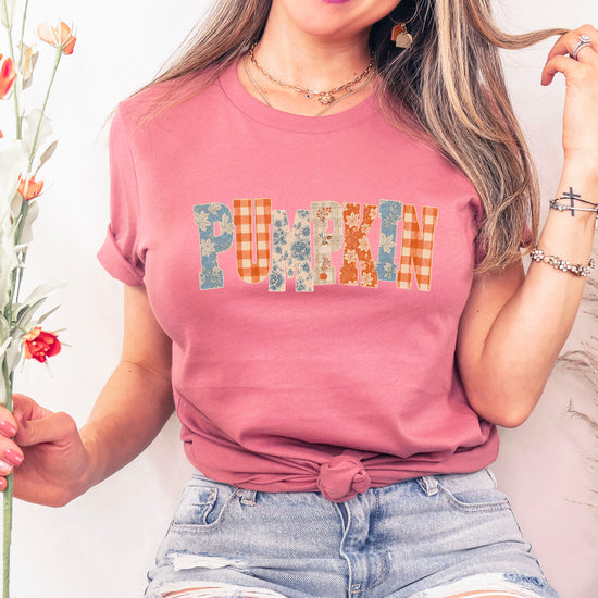 Pumpkin patch fall graphic tee for women and teen girls in Mauve, model wearing the tee