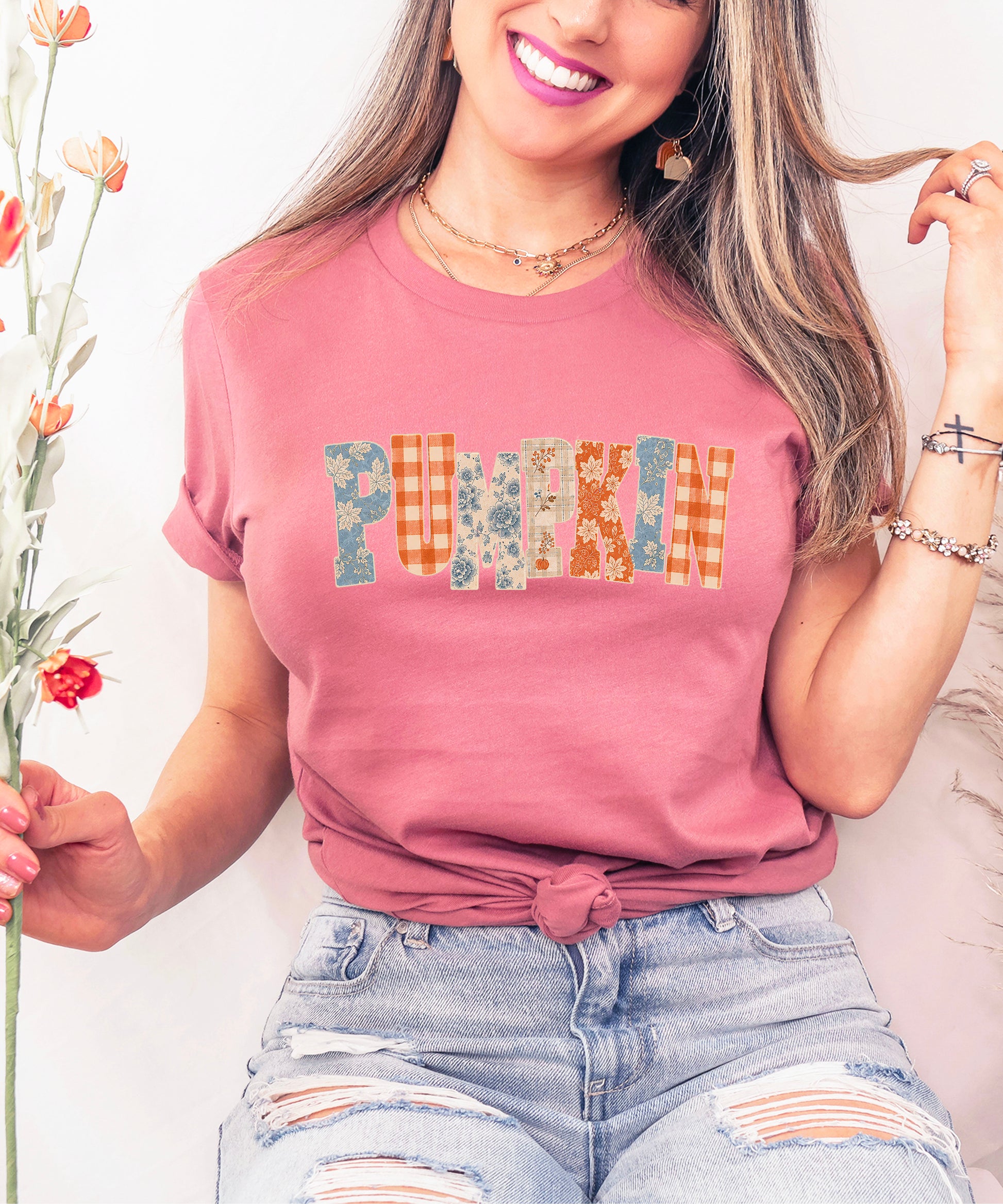 Pumpkin patch fall graphic tee for women and teen girls in Mauve, model wearing the tee