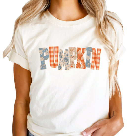 Pumpkin patch fall graphic tee for women and teen girls in Natural, front view