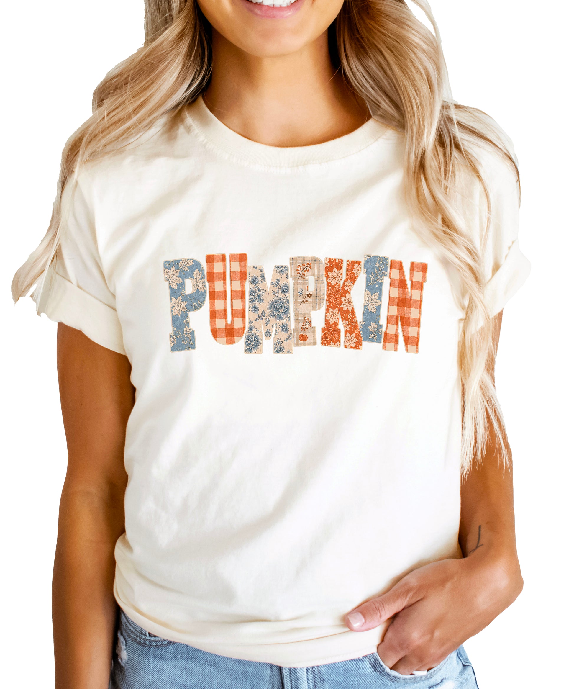 Pumpkin patch fall graphic tee for women and teen girls in Natural, front view