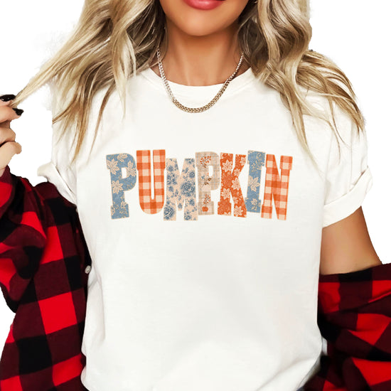 Pumpkin patch fall graphic tee for women and teen girls in Natural, graphic design detail