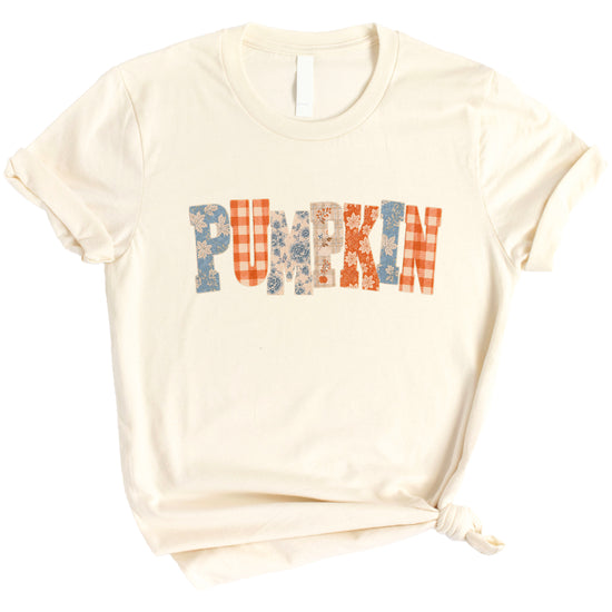 Pumpkin patch fall graphic tee for women and teen girls in Natural, styled flat lay