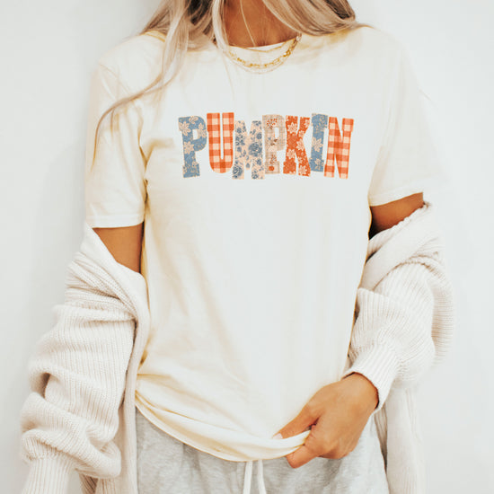 Pumpkin patch fall graphic tee for women and teen girls in Natural, model wearing the tee