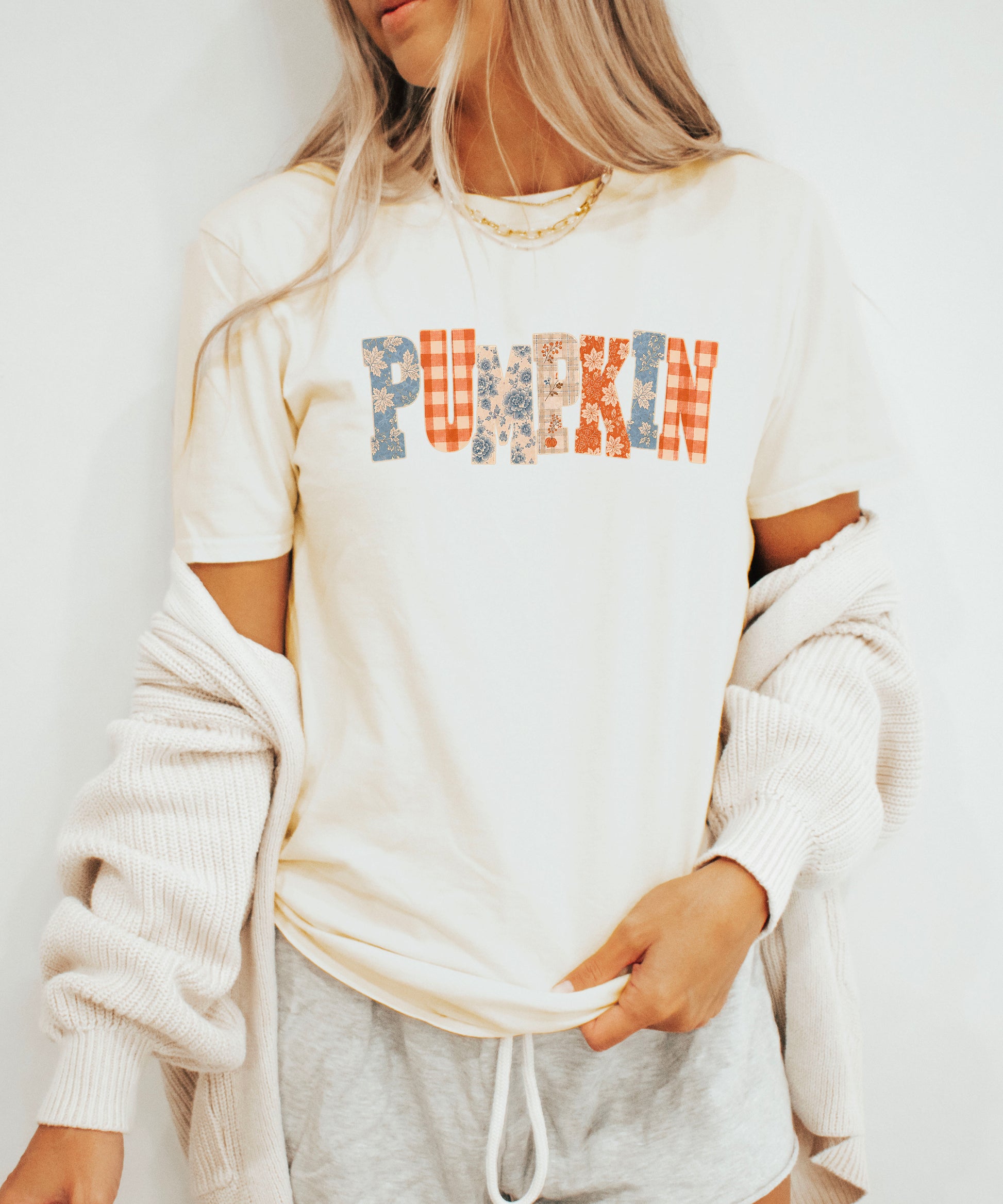 Pumpkin patch fall graphic tee for women and teen girls in Natural, model wearing the tee