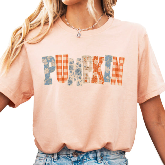 Pumpkin patch fall graphic tee for women and teen girls in Peach, front view