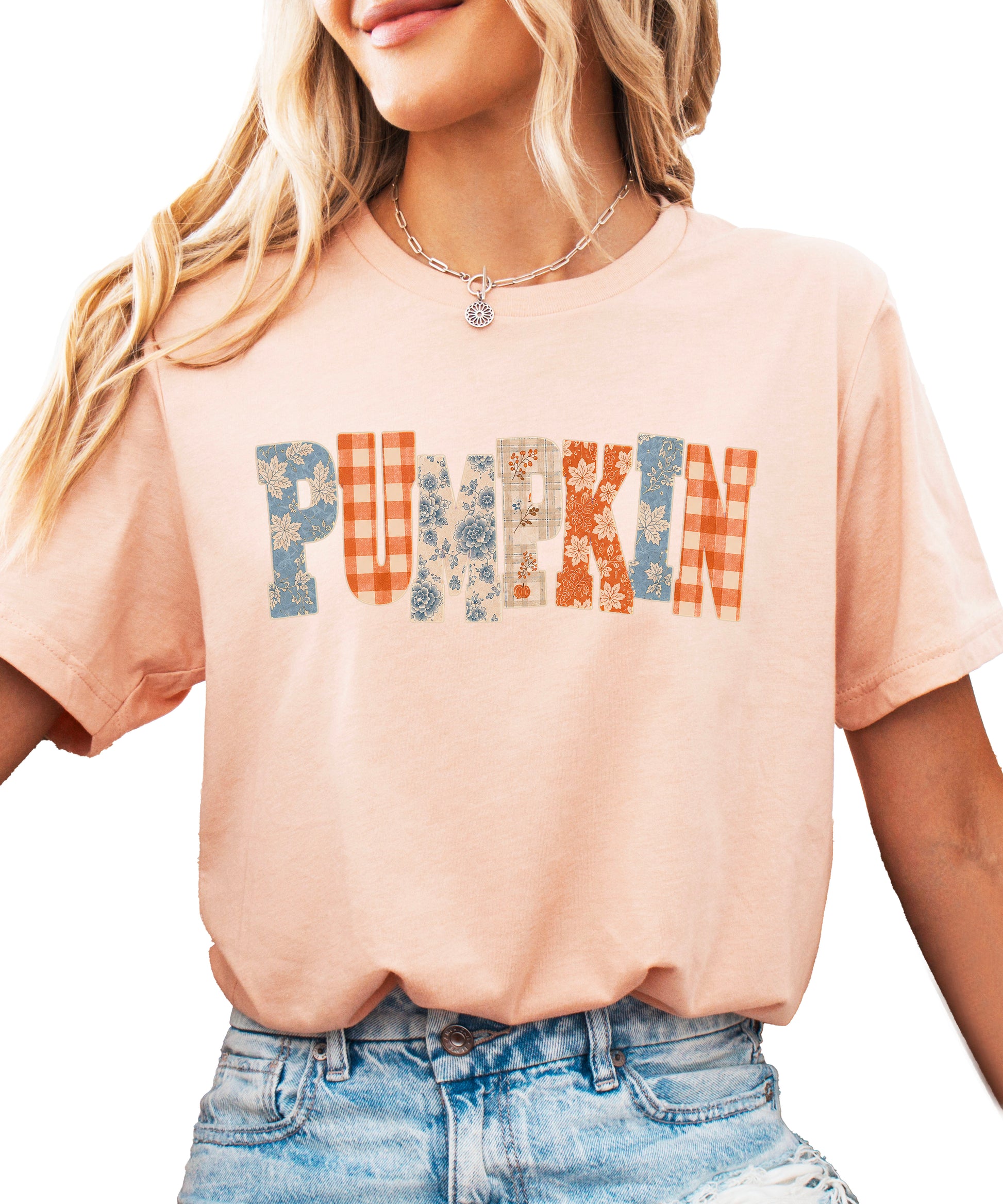 Pumpkin patch fall graphic tee for women and teen girls in Peach, front view