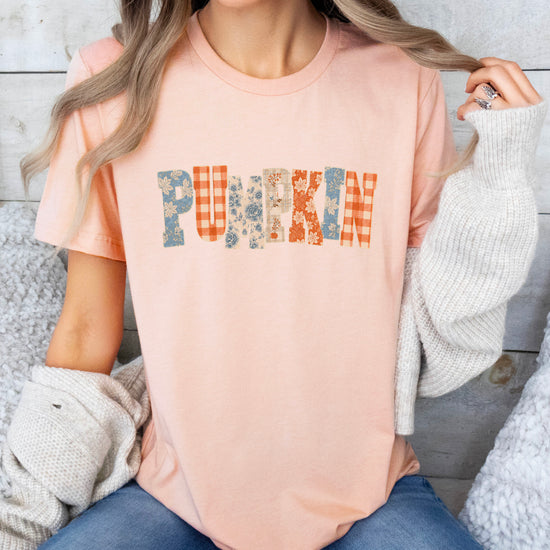 Pumpkin patch fall graphic tee for women and teen girls in Peach, graphic design detail