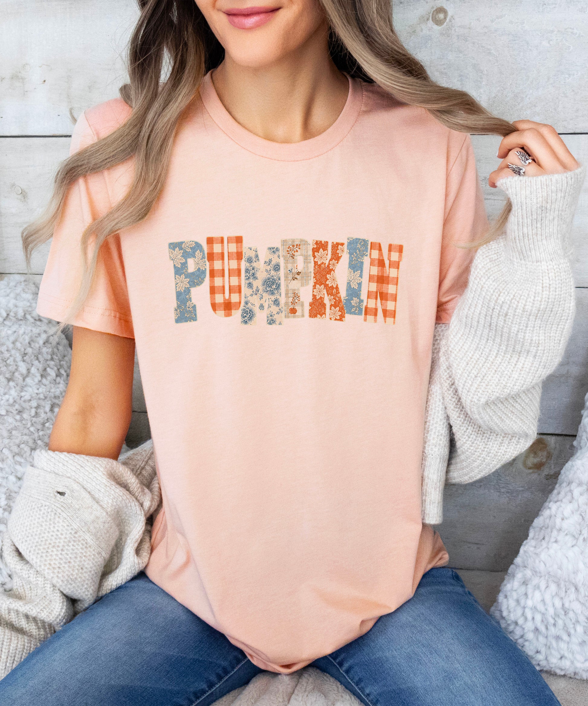 Pumpkin patch fall graphic tee for women and teen girls in Peach, graphic design detail