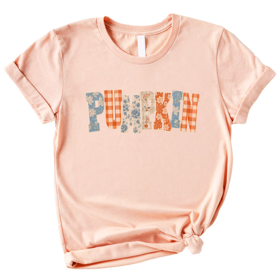 Pumpkin patch fall graphic tee for women and teen girls in Peach, styled flat lay