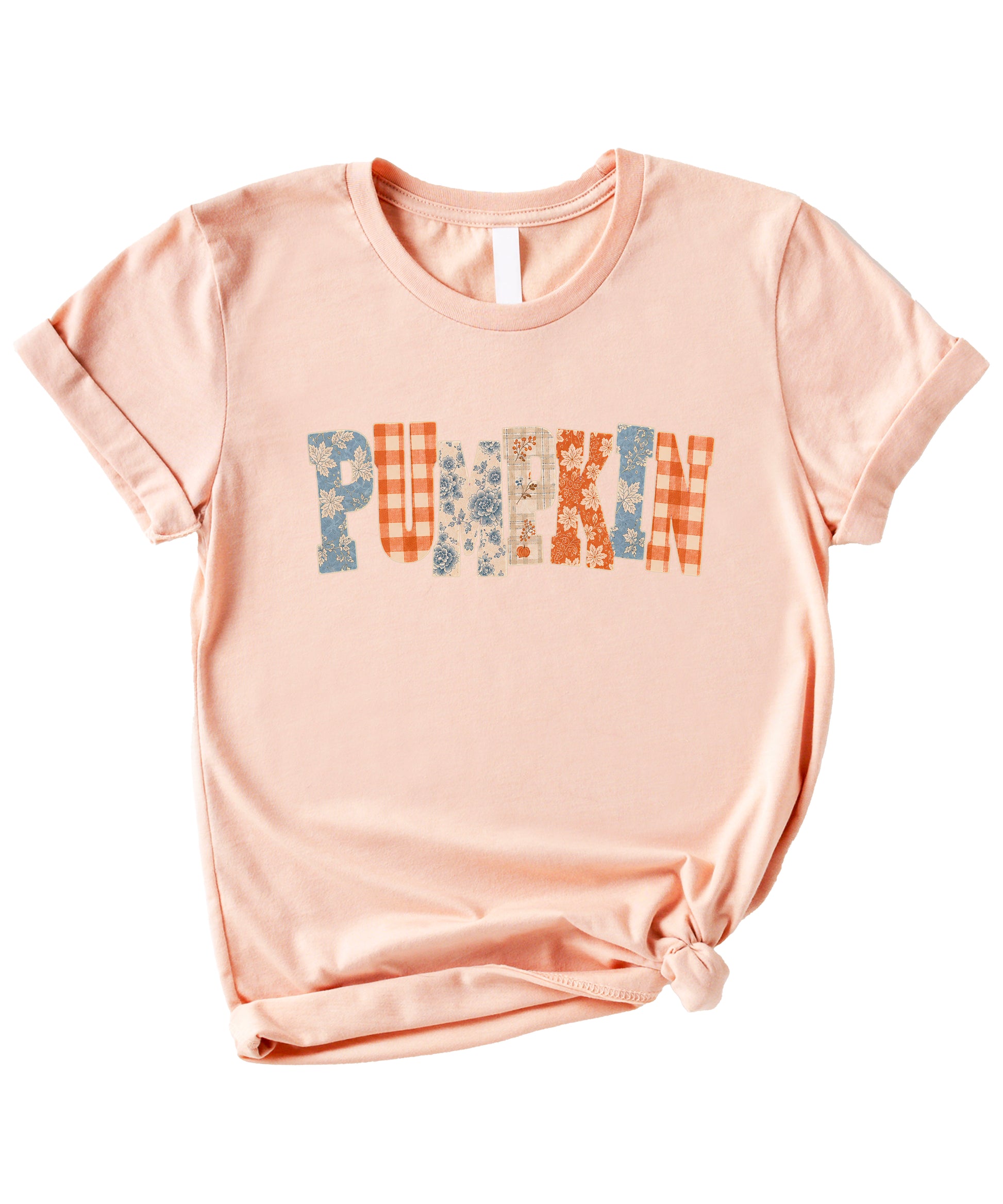 Pumpkin patch fall graphic tee for women and teen girls in Peach, styled flat lay