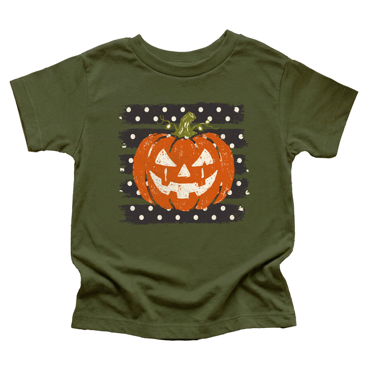 Retro jack-o-lantern pumpkin polka dot Halloween kids tee in Military Green, front view