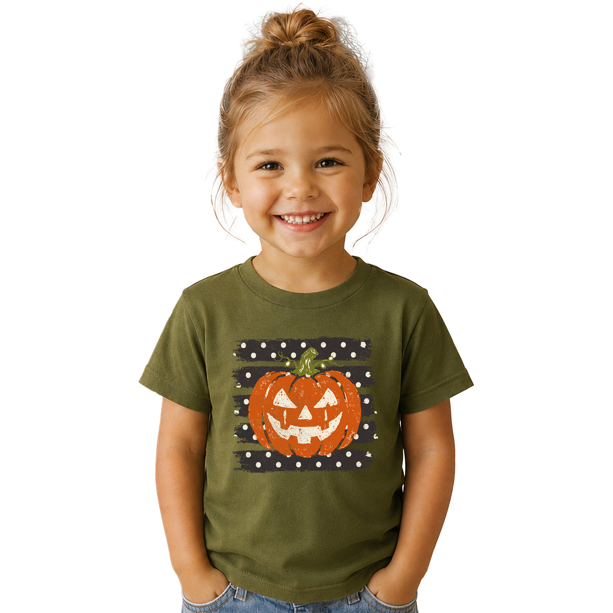 Retro jack-o-lantern pumpkin polka dot Halloween kids tee in Military Green, detail view of the pumpkin graphic
