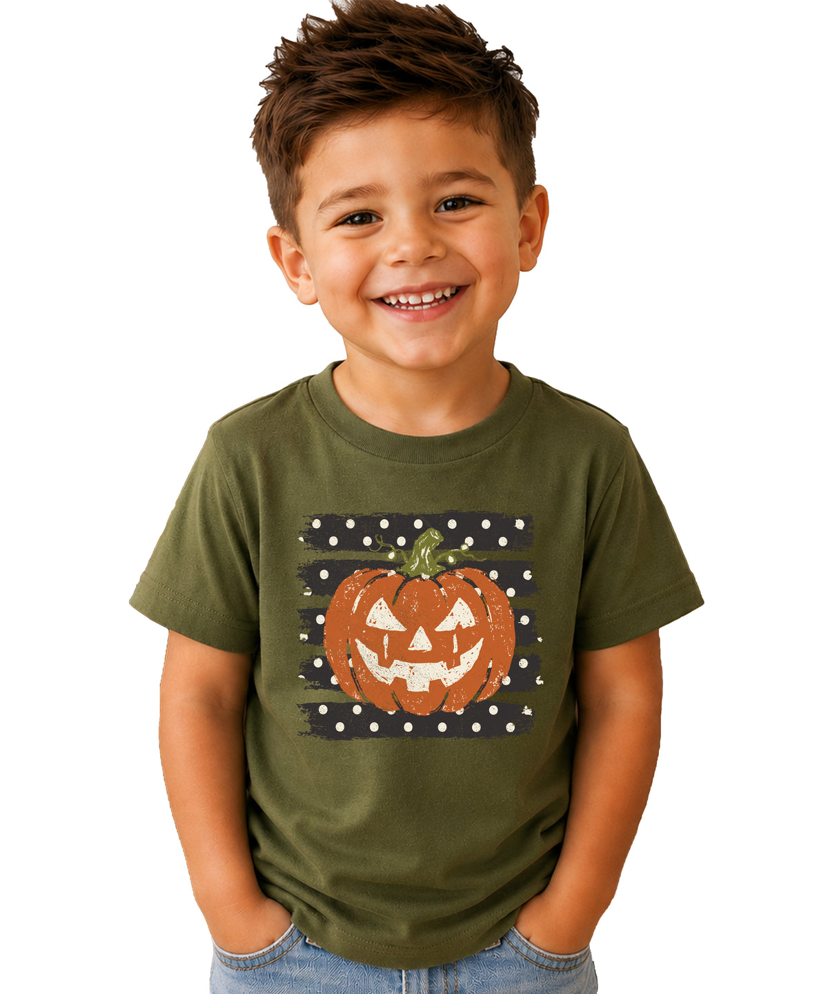 Retro jack-o-lantern pumpkin polka dot Halloween kids tee in Military Green, lifestyle view