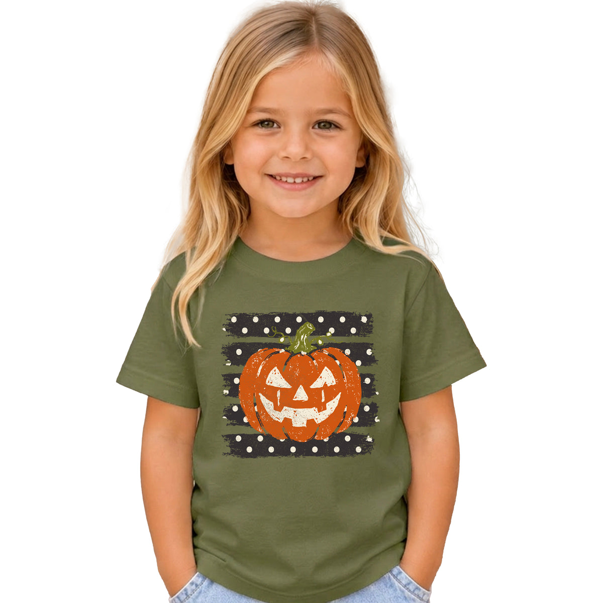 Retro jack-o-lantern pumpkin polka dot Halloween kids tee in Military Green, flat lay view